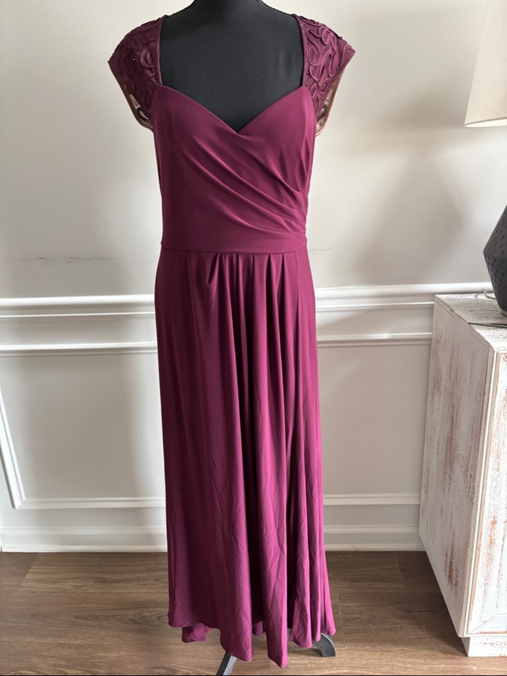 Xscape Plum Lace-Cap Sleeve Maxi Dress